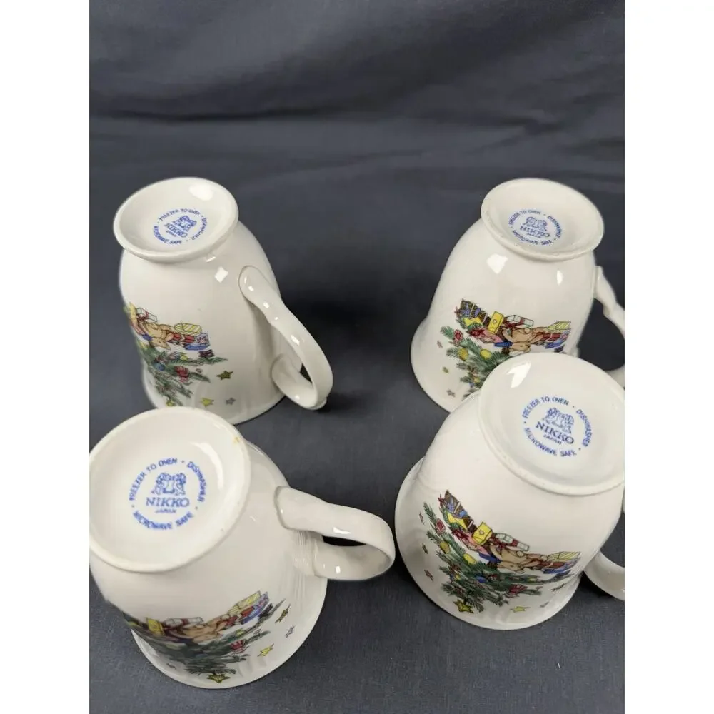 4 Nikko HAPPY HOLIDAYS Cups/mugs Blue Back Stamp Vintage